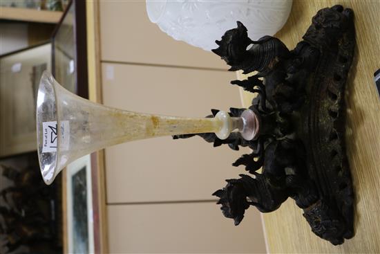 Two Victorian oil lamps and a centrepiece